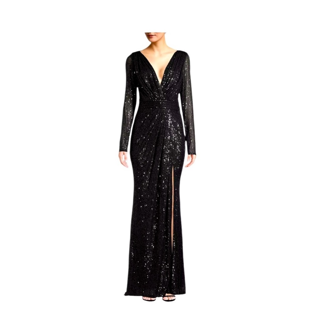 Mac DUGGAL  Sequin Evening  Gown, black, long sheer sleeves, high cut out, NWOT